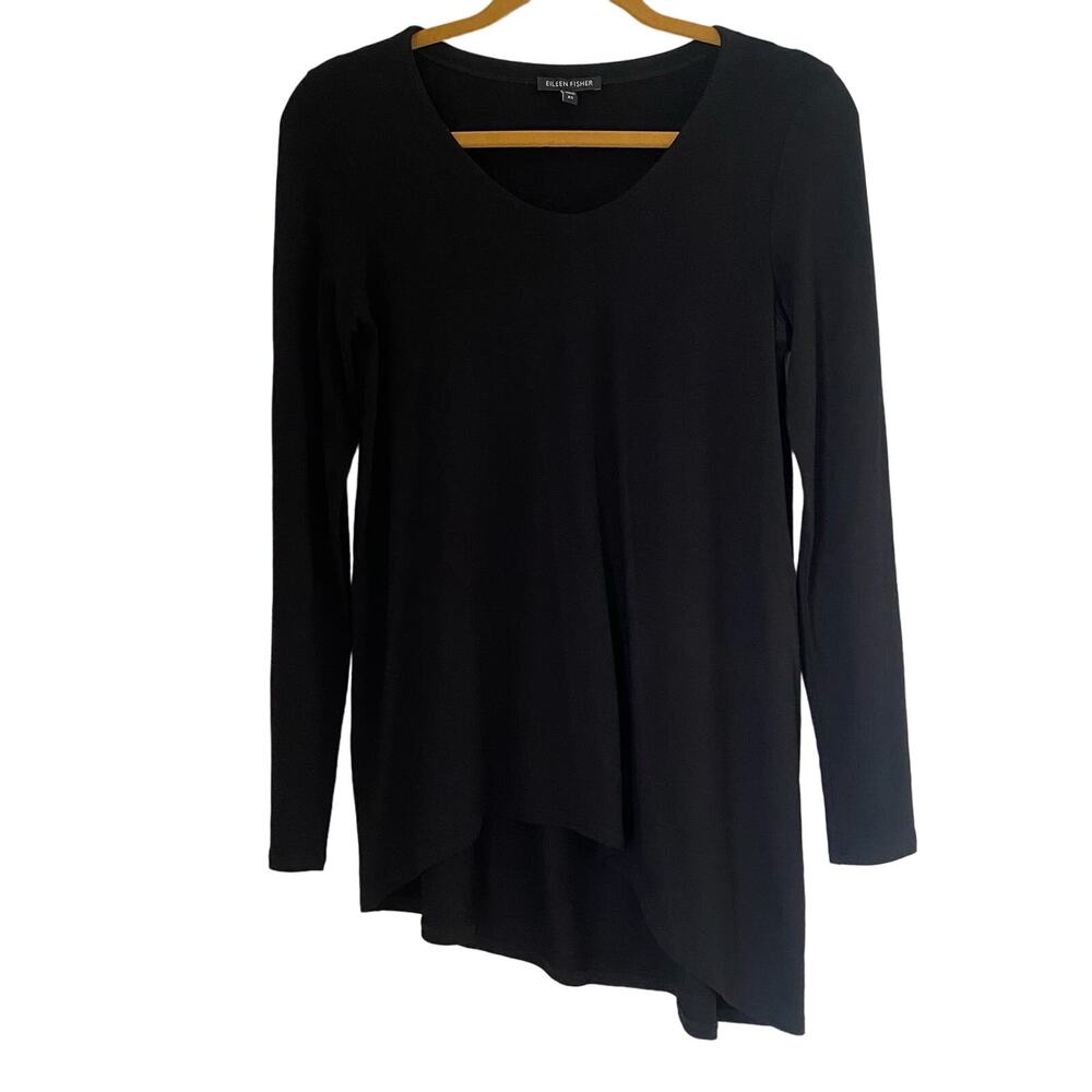Eileen Fisher Women's Black Asymmetrical Long Sleeve Stretch Jersey Top Size XS